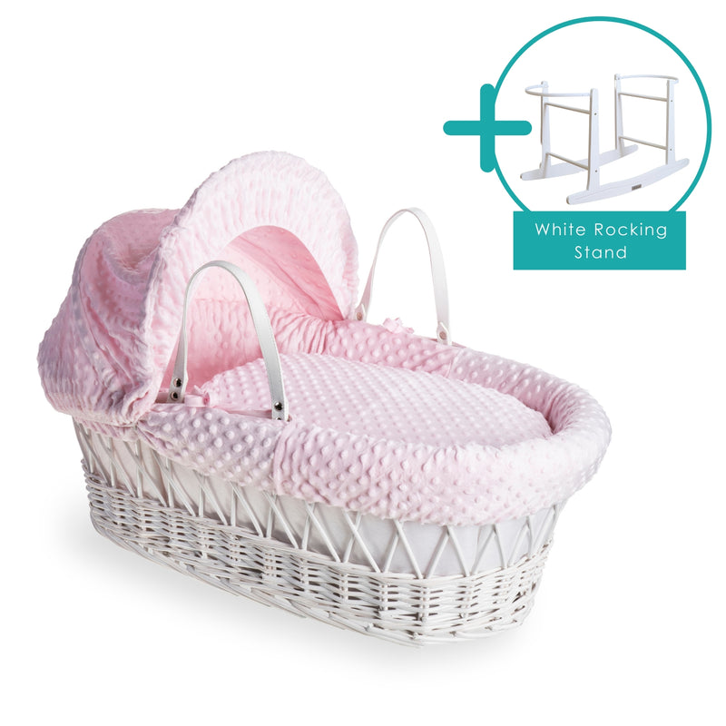 Pink Dimple White Wicker Moses Basket bundled with standard rocking stand | Moses Baby Baskets and Bassinets | Nursery Furniture - Clair de Lune UK