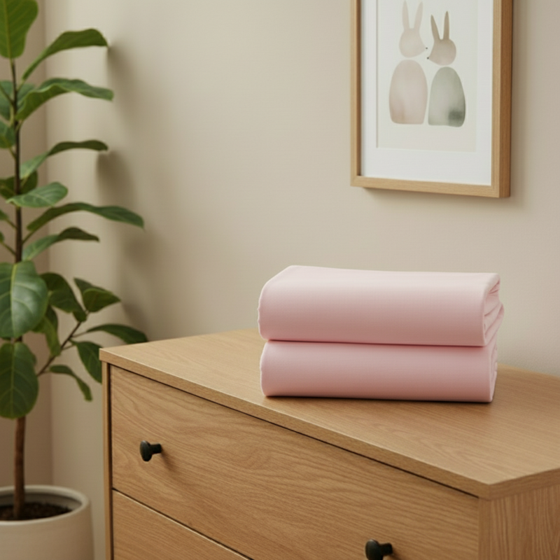 Pink 2 pack pram/crib fitted sheets folded on a chest of drawers in a beige nursery | Soft Baby Sheets | Crib Bedding - Clair de Lune UK