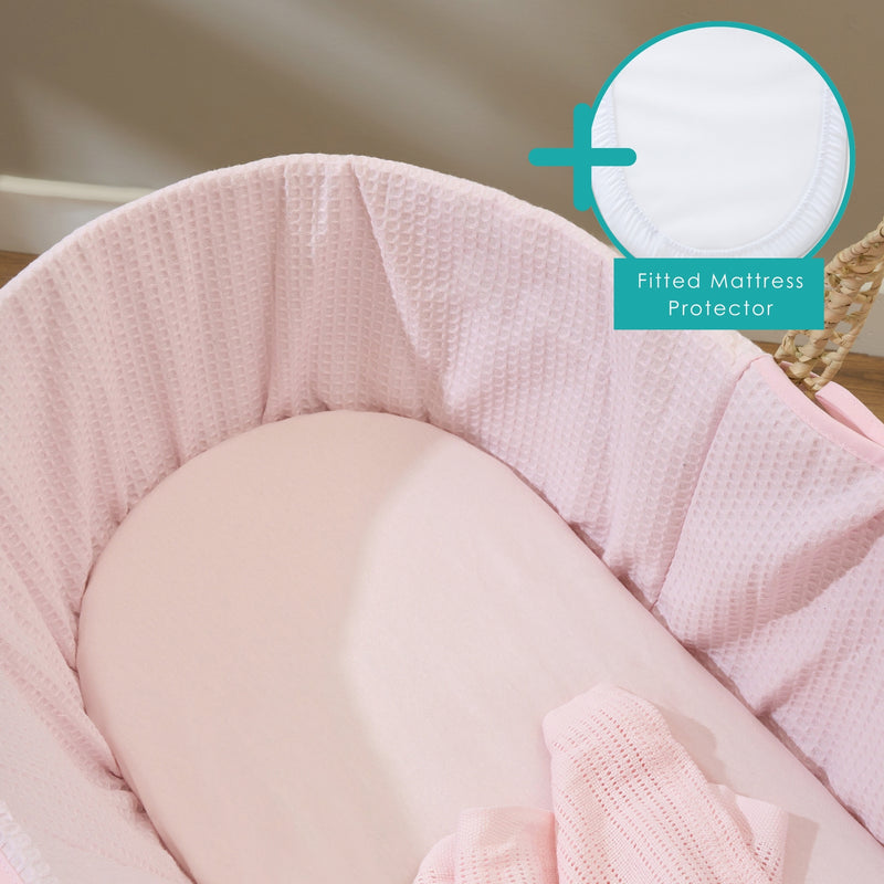 The sheet of the pack of 2 Pink Fitted Cotton Moses Fitted Sheets - 74 x 30 cm on a Moses basket mattress Bundled for a saving with the mattress protector | Soft Baby Sheets | Cot, Cot Bed, Pram, Crib & Moses Basket Bedding - Clair de Lune UK