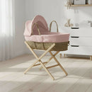 Pink Dimple Palm Moses Basket on natural folding stand in greige nursery with oak floor | Moses Baby Baskets, Bassinets & Co-sleepers | Nursery Furniture - Clair de Lune UK