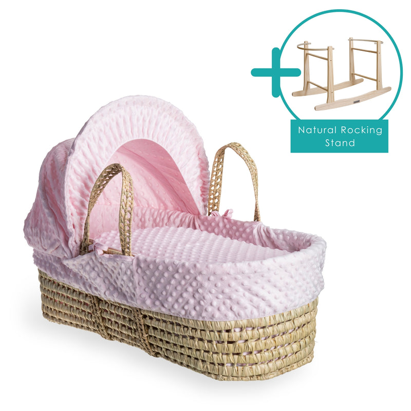 Pink Dimple Palm Moses Basket bundled with the natural rocking stand | Moses Baby Baskets, Bassinets & Co-sleepers | Nursery Furniture - Clair de Lune UK