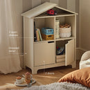 CuddleCo Play House Bookcase in a cosy corner of the nursery with key features of 2 doors, 2 open shelves and groved detail | Nursery Furniture | Children's Bookcase - Clair de Lune UK