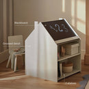 CuddleCo Play House Storage Desk with Easel and Chair in cosy nursery with drawing on the chalkboard and key features of 2 shelves, grooved detail, chair and blackboard | Toddler Desk and Chair | Nursery Furniture - Clair de Lune UK