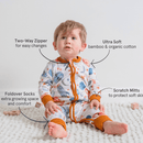 Baby wearing the Grow Grows Organic Plentiful Planets Sleepsuit with key features | Baby Grows and Onesies | Organic Baby Clothes - Clair de Lune UK