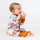 Baby sitting and wearing the Grow Grows Organic Plentiful Planets Sleepsuit | Baby Grows and Onesies | Organic Baby Clothes - Clair de Lune UK