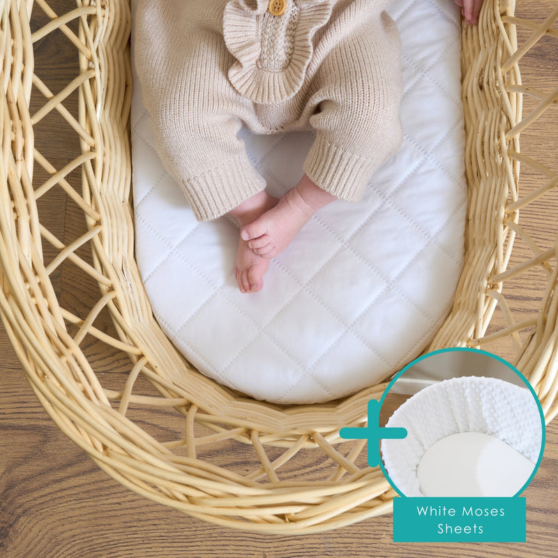 Quilted Microfibre Wicker Moses Basket Mattress (65 x 28 cm) Bundled With Fitted Sheets | Moses Basket Mattresses | Newborn Bedding - Clair de Lune UK