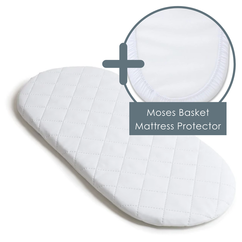 Quilted Noah Pod/ Palm Moses Basket Mattress (74 x 28 cm) bundled with the waterproof Moses Mattress Protector | Moses Basket Mattresses | Newborn Bedding - Clair de Lune UK