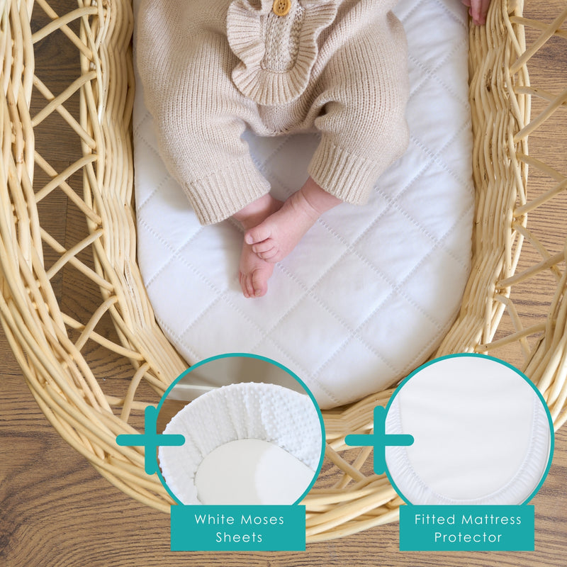 Quilted Microfibre Wicker Moses Basket Mattress (65 x 28 cm) Bundled With Fitted Mattress Protector and Sheets | Moses Basket Mattresses | Newborn Bedding - Clair de Lune UK