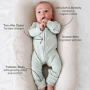 Newborn wearing the Sage Grow Grows Organic Ribbed Baby Sleepsuit showing all the benefits | Baby Sleep Wear | Children's pyjamas - Clair de Lune UK