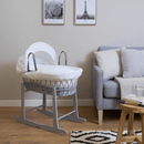 White Waffle Grey Wicker Moses Basket on grey standard rocking moses basket stand in a greige nursery | Moses Basket Stand | Moses Baby Baskets & Bassinet Accessories | Nursery Furniture - Clair de Lune UK