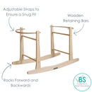Diagram showing the USPs of the Natural Standard Rocking Moses Basket Stand with the Wooden retaining bars, forward and backward rocking motion and adjustable stand straps | Moses Basket Stand | Moses Baby Baskets & Bassinet Accessories | Nursery Furniture - Clair de Lune UK