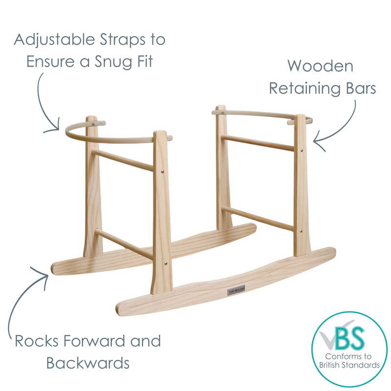 Diagram showing the USPs of the Natural Standard Rocking Stand with the Wooden retaining bars, forward and backward rocking motion and adjustable stand straps | Moses Basket Stand | Moses Baby Baskets & Bassinet Accessories | Nursery Furniture - Clair de Lune UK