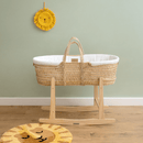 The White Organic Palm Moses basket on the natural standard rocking moses basket stand in a sage greenn nursery| Moses Basket Stand | Moses Baby Baskets & Bassinet Accessories | Nursery Furniture - Clair de Lune UK