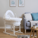 White waffle white wicker moses basket on a white standard rocking moses basket stand | Moses Basket Stand | Moses Baby Baskets & Bassinet Accessories | Nursery Furniture - Clair de Lune UK