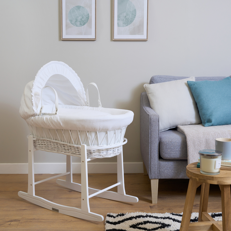 White waffle white wicker moses basket on a white standard rocking stand | Moses Basket Stand | Moses Baby Baskets & Bassinet Accessories | Nursery Furniture - Clair de Lune UK