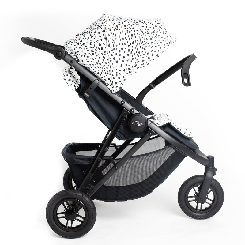 The side of the Dalmatian Roma Atlas 3 Wheel Pram with the pushchair handles extended | Strollers, Pushchairs & Prams | Pushchairs, Carrycots & Car Seats Baby | Travel Essentials - Clair de Lune UK