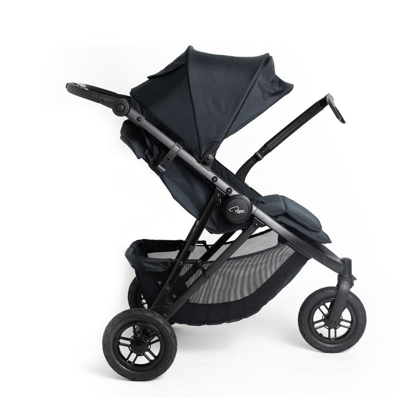 The side of the Jet Black Roma Atlas 3 Wheel Pram with the pushchair handles extended | Strollers, Pushchairs & Prams | Pushchairs, Carrycots & Car Seats Baby | Travel Essentials - Clair de Lune UK