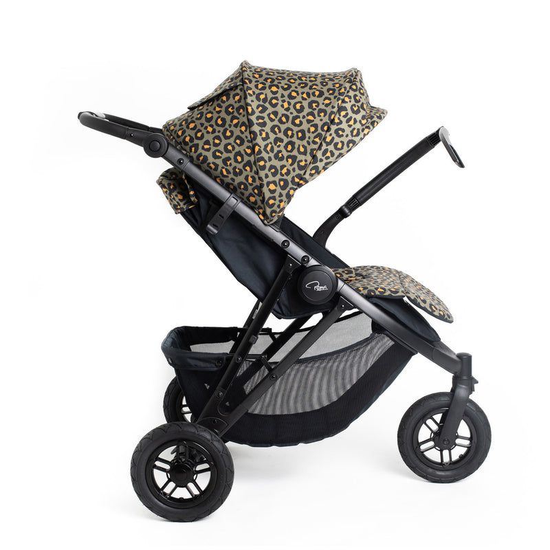 The side of the Khaki Leopard Roma Atlas 3 Wheel Pram with the pushchair handles extended | Strollers, Pushchairs & Prams | Pushchairs, Carrycots & Car Seats Baby | Travel Essentials - Clair de Lune UK