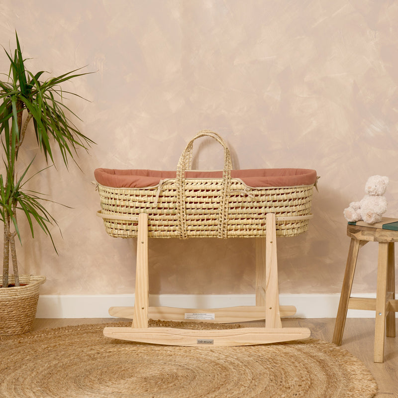 Organic Palm Moses Basket in Rust Orange on a Natural Standard Rocking Stand in a natural cashmere nursery | Moses Baskets and Stands | Co-sleepers | Nursery Furniture - Clair de Lune UK