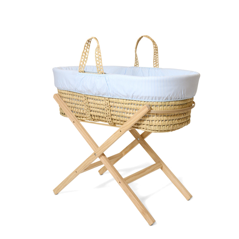 Blue Stripe Palm Moses Basket on Natural Pine Folding Stand | Bassinets | Nursery Furniture - Clair de Lune UK