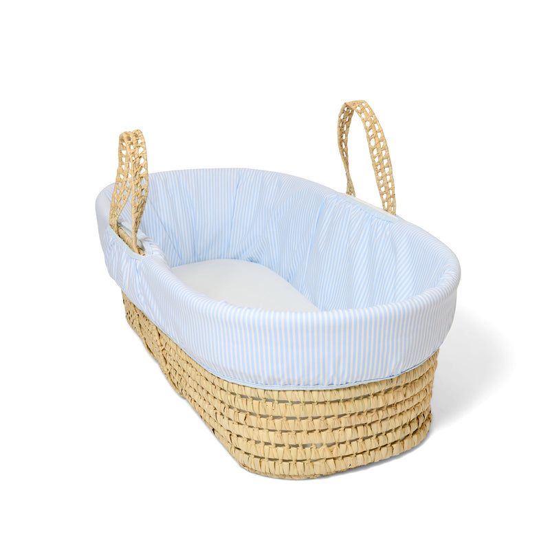 Blue Stripe Palm Moses Basket with close up on the natural weave | Bassinets | Nursery Furniture - Clair de Lune UK