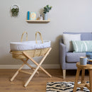 Grey Stripe Palm Moses Basket on Natural Folding Stand in living room | Moses Baby Baskets, Bassinets | Nursery Furniture - Clair de Lune UK