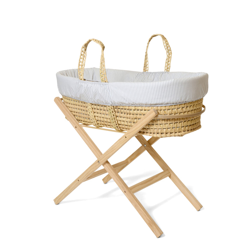 Grey Stripe Palm Moses Basket on Natural Pine Folding Stand | Bassinets | Nursery Furniture - Clair de Lune UK