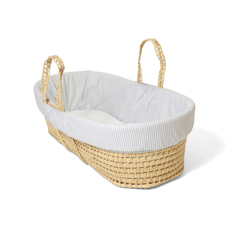 Grey Stripe Palm Moses Basket with close up of the natural palm weave | Bassinets | Nursery Furniture - Clair de Lune UK