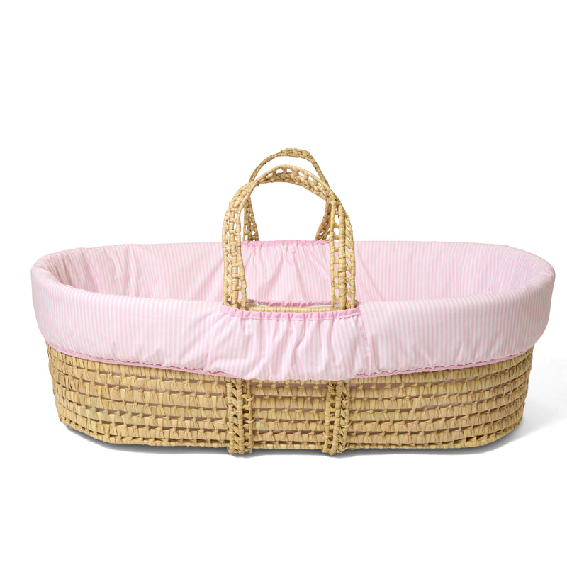 Landscape view of the Pink Stripe Palm Moses Basket on Natural Folding Stand | Bassinets | Nursery Furniture - Clair de Lune UK