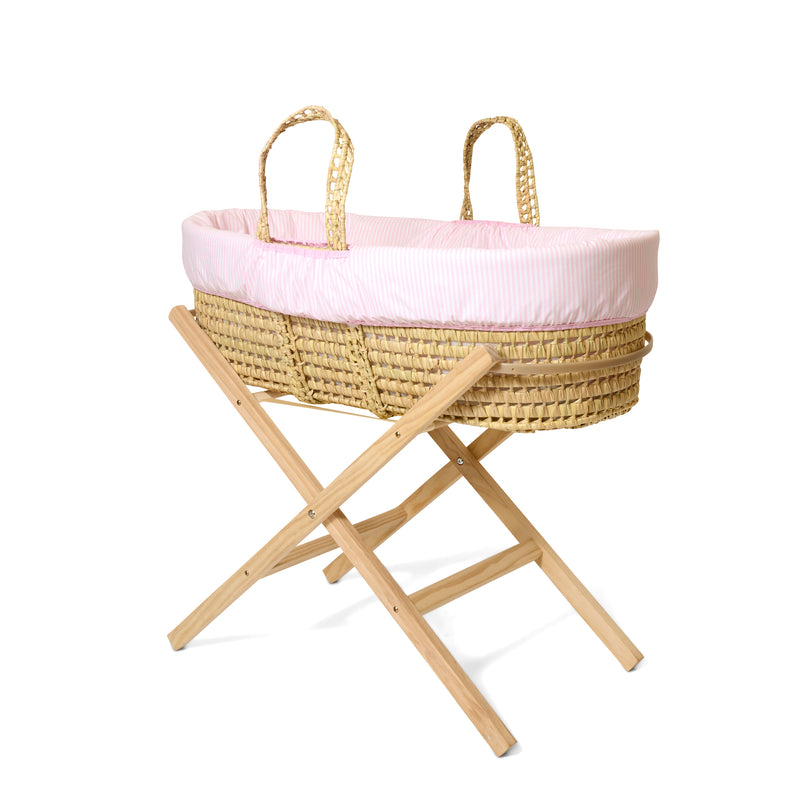 Pink Stripe Palm Moses Basket on Natural Pine Folding Stand | Bassinets | Nursery Furniture - Clair de Lune UK