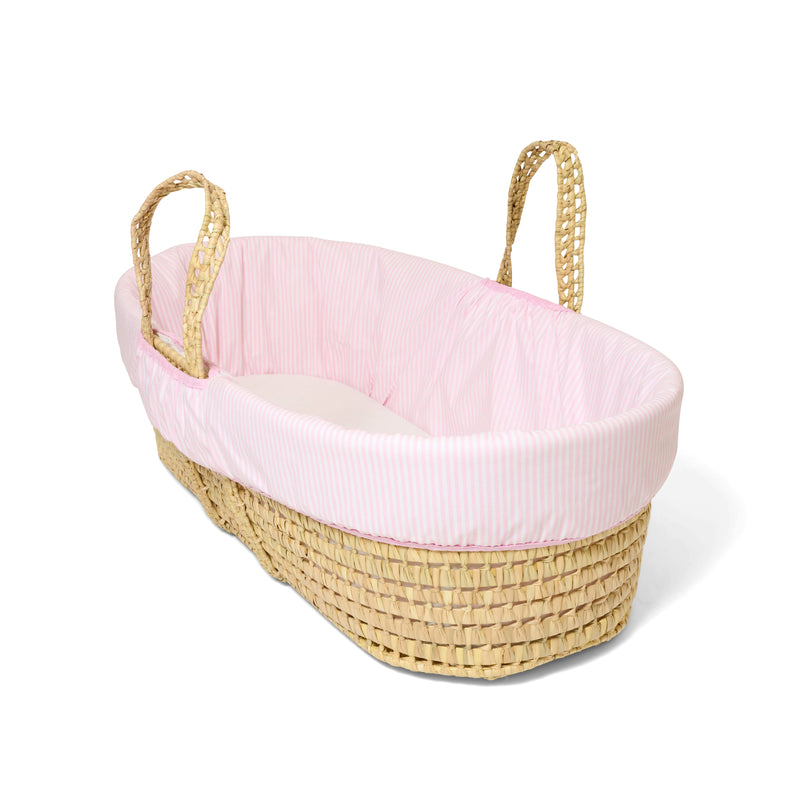 Pink Stripe Palm Moses Basket with close up on the natural palm weave | Bassinets | Nursery Furniture - Clair de Lune UK