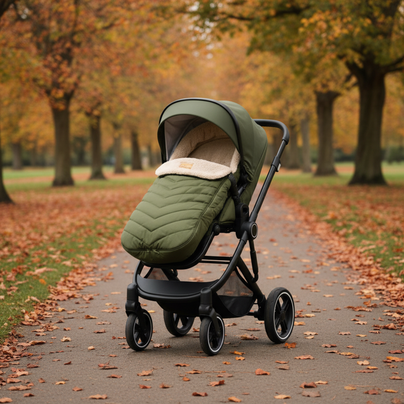 Forest Snug Universal Pushchair Footmuff on a pram in an autumnal park| Pushchair Cosytoes & Footmuffs | Travel Accessories - Clair de Lune UK