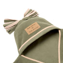 Sage Green Star Fleece Baby Wrap Blanket close-up of the tassel hood and faux-leather Made with Love label | Cosy Baby Blankets | Swaddle Blanket | Nursery Bedding - Clair de Lune UK