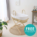 White Scandi Palm Moses Basket on the Natural Folding Stand with Free Mattress protector, for a limited time | Moses Baby Baskets, Bassinets | Nursery Furniture - Clair de Lune UK