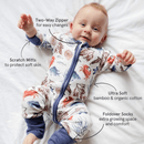 Baby wearing the Grow Grows Organic Sea Life Sleepsuit with key features | Baby Grows and Onesies | Organic Baby Clothes - Clair de Lune UK