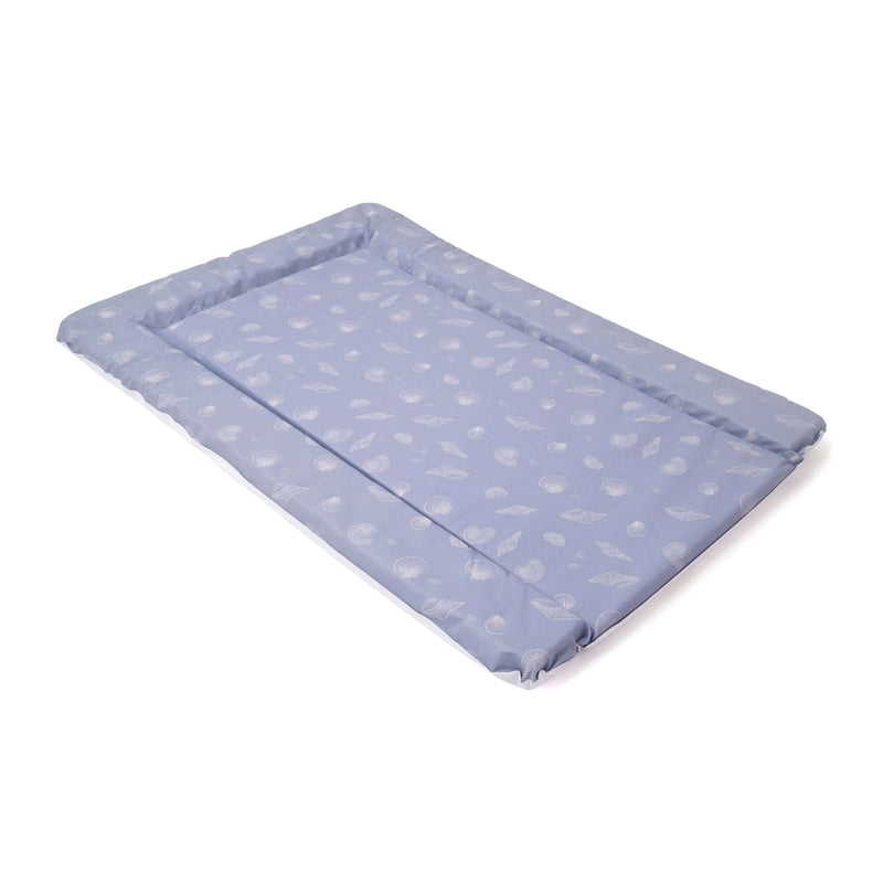 East Coast Blue Seashell Changing Mat at an angle on white background | Bathing & Changing Essentials - Clair de Lune UK