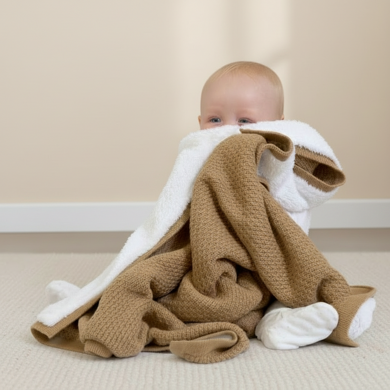 Baby sat on the floor of the nursery snuggling with the Organic Sherpa nit Blanket | Baby Blankets and Swaddles - Clair de Lune UK