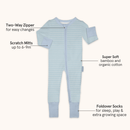 Sky Blue Pinstripe Sleepsuit with classic blue stripe design made from bamboo and organic cotton from GrowGrows with key features highlighted - Clair de Lune UK
