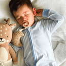 Toddler asleep wearing the Blue Grow Grows Organic Pinstripe Sleepsuit | Baby Grows and Onesies | Organic Baby Clothes - Clair de Lune UK