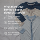 3 GrowGrows sleepsuits laid flat with overlay text describing what makes the GrowGrows Sleepsuits so special - Clair de Lune UK