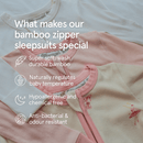 Bundle of pink GrowGrows Sleepsuits with overlay text describing what makes them so special - Clair de Lune UK