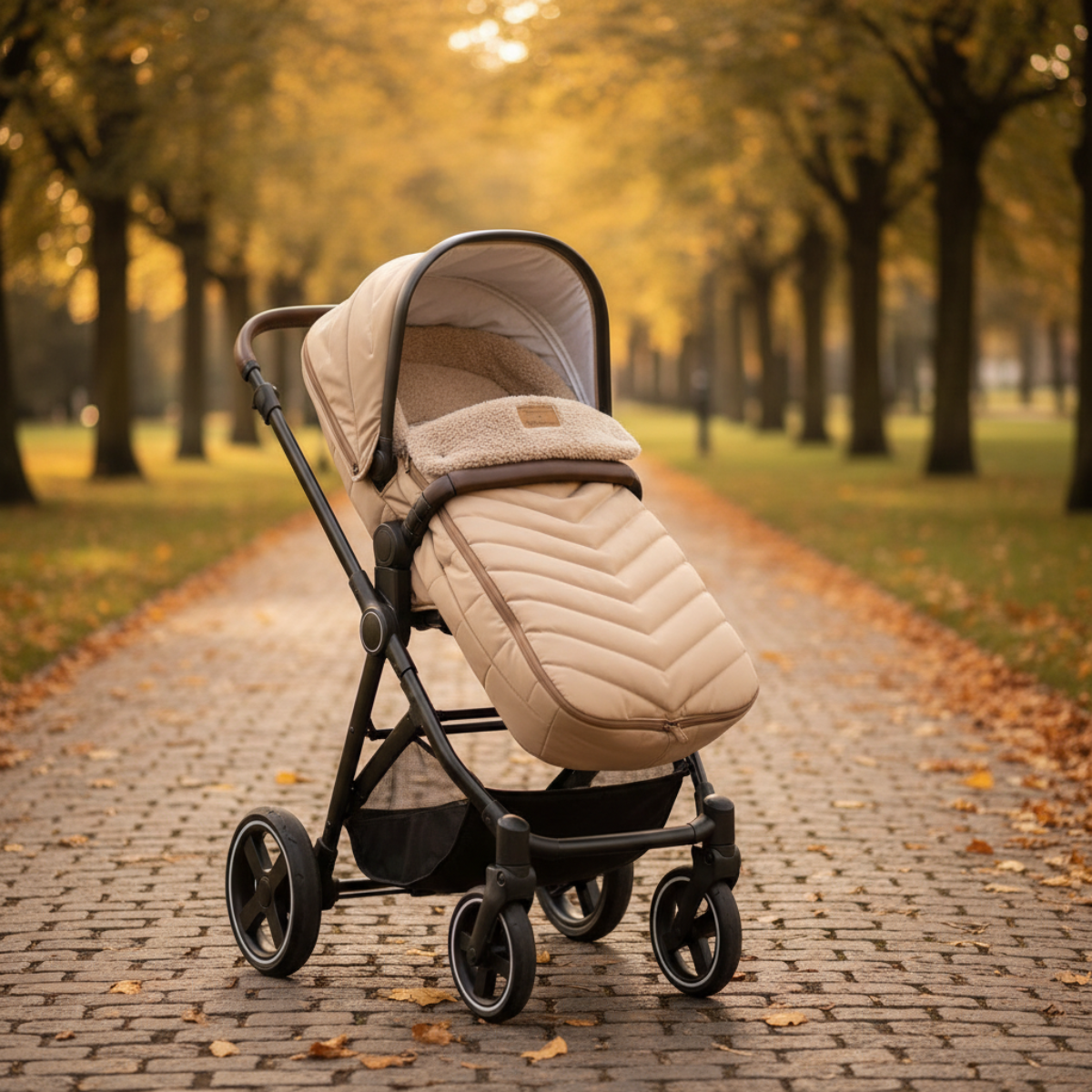 Beige Snug Universal Pushchair Footmuff on a pram in an autumnal park| Pushchair Cosytoes & Footmuffs | Travel Accessories - Clair de Lune UK