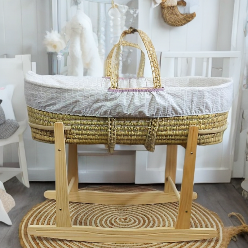  Lilac Blossom Palm Moses Basket on the Natural Standard Rocking Stand | Limited Editions | Co-sleepers | Clair de Lune - UK