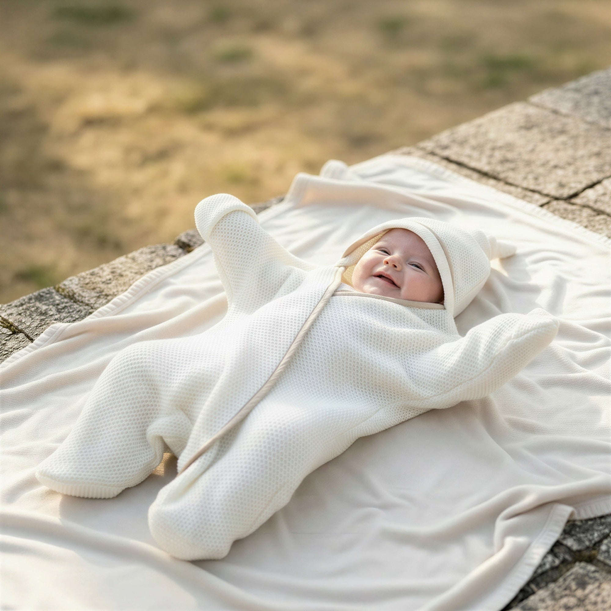  Baby wearing the Cream Sunny Day Organic Star Breathable Wrap in a summer garden | Cosy Baby Blankets and Swaddles | Newborn Summer Essentials - Clair de Lune UK