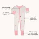Grow Grows Organic Tiny Twirls Sleepsuit on white background with key features | Baby Grows and Onesies | Organic Baby Clothes - Clair de Lune UK