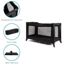 Black East Coast Travel Cot with key features labelled of security, carry bag and mattress included | Cribs & Travel Cots | Nursery Furniture - Clair de Lune
