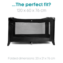 Black East Coast Travel Cot landscape view showing the mesh dimensions built and folded | Cribs & Travel Cots | Nursery Furniture - Clair de Lune