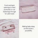 Pink Organic Grow Grows Pin Stripe Smart Sleeping Bag detailing the safe travel features | Baby Sleeping Bags | Baby Bedding - Clair de Lune UK