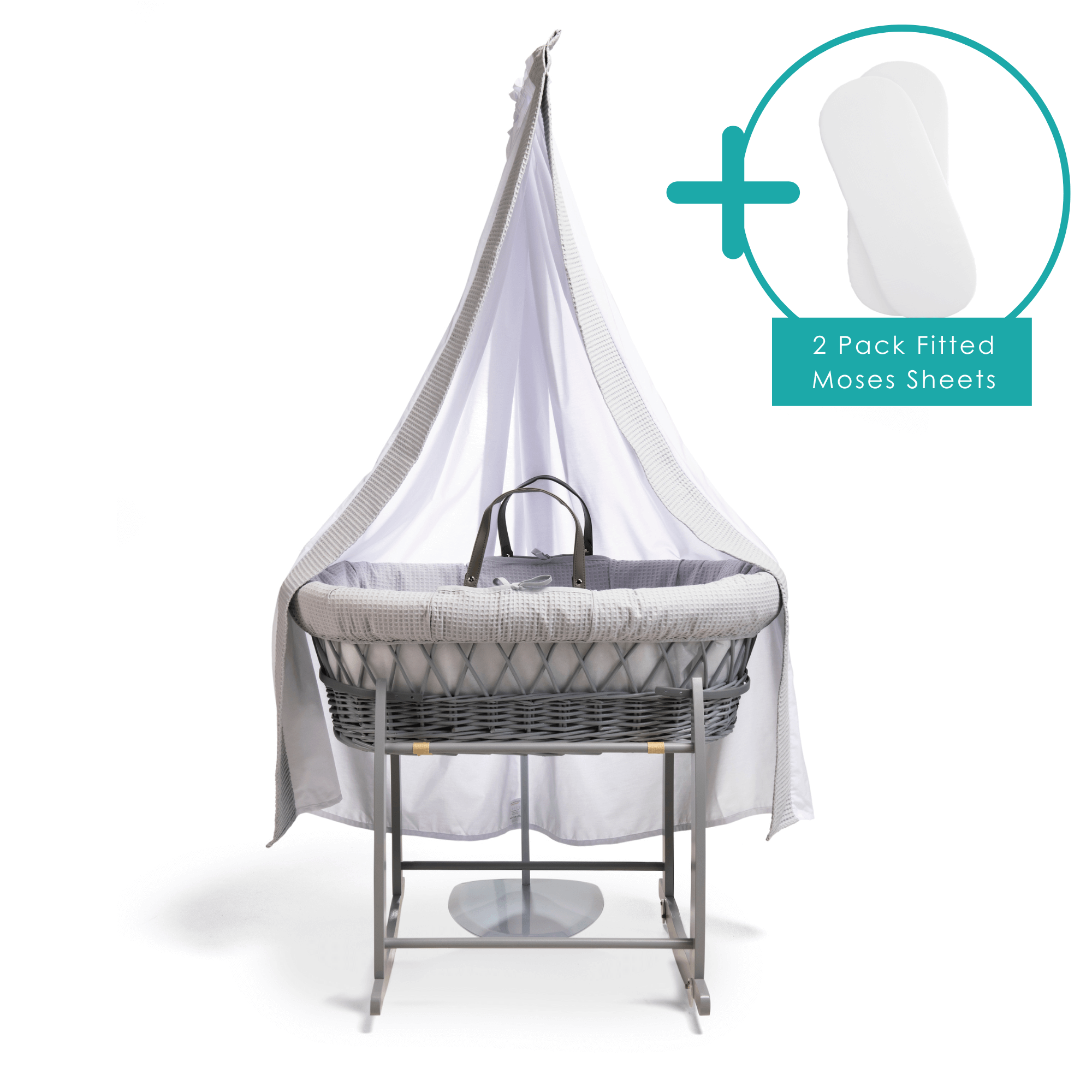 Waffle Grey Wicker Moses Basket Starter Set Deluxe Drape Drape Sets Moses Baskets and Stands Co sleepers Nursery Furniture Clair de Lune UK