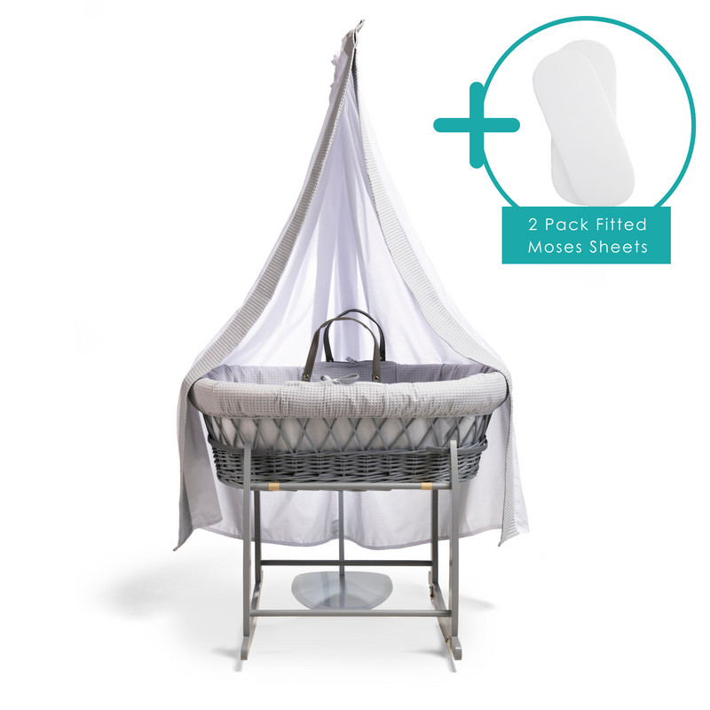 Waffle Grey Wicker Moses Basket Starter Set & Deluxe Drape bundled with 2 pack fitted moses sheets | Drape Sets | Moses Baskets and Stands | Co-sleepers | Nursery Furniture - Clair de Lune UK